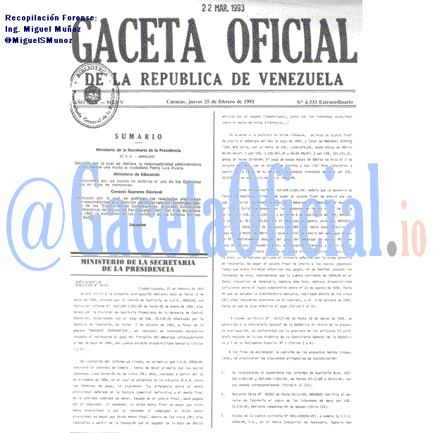 Gaceta Oficial 4533 del 25 Febrero 1993