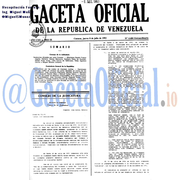 Gaceta Oficial 4604 del 8 Julio 1993
