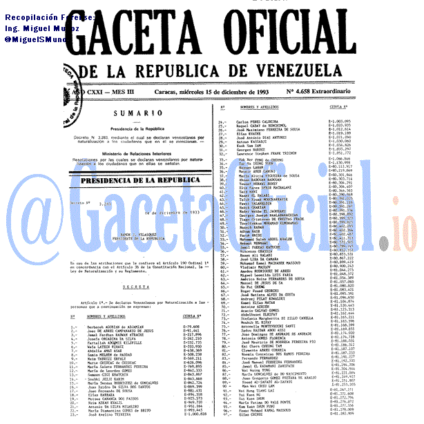 Gaceta Oficial 4658 del 15 Diciembre 1993