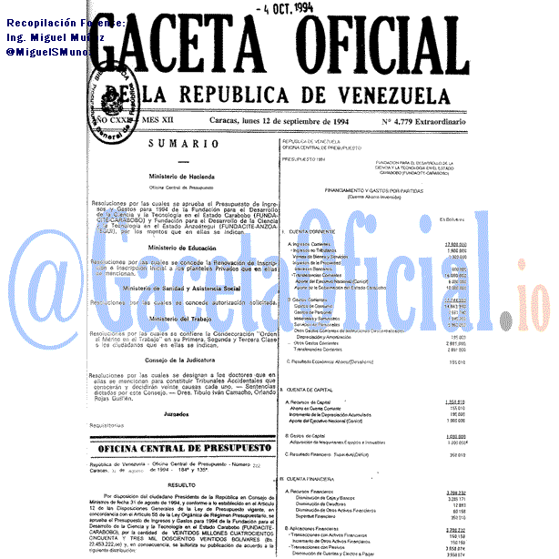 Gaceta Oficial 4779 del 12 Septiembre 1994