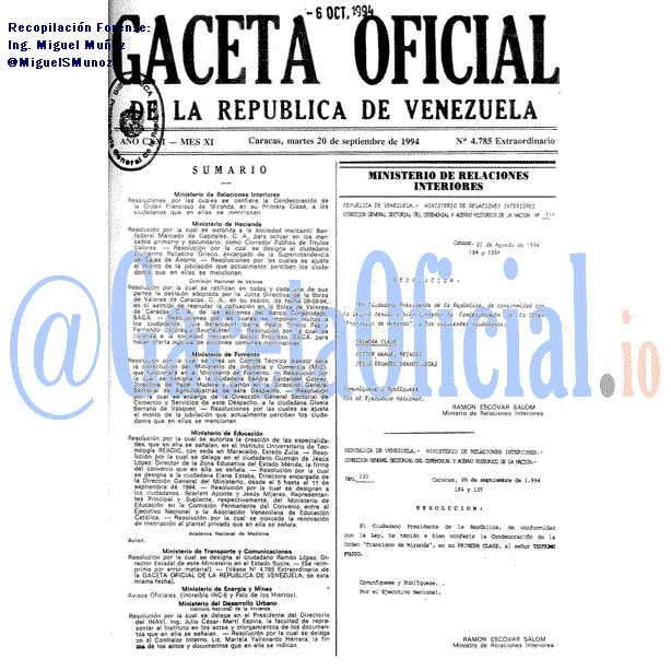 Gaceta Oficial 4785 del 20 Septiembre 1994