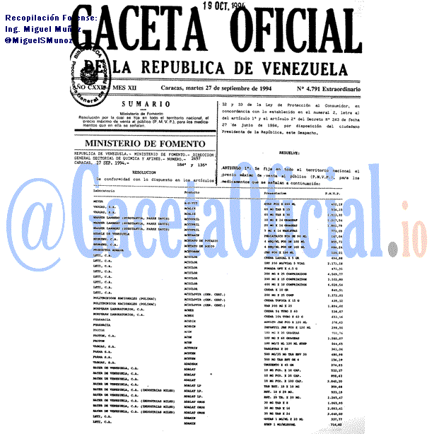 Gaceta Oficial 4791 del 27 Septiembre 1994