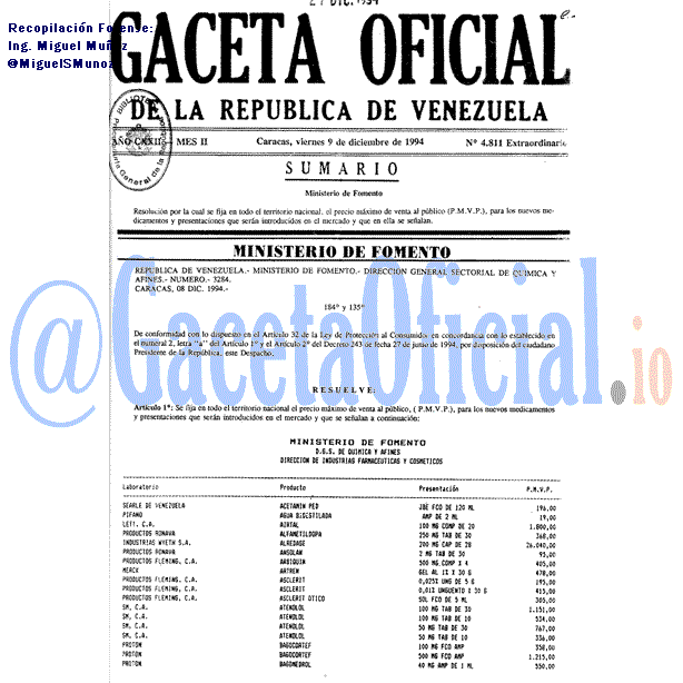 Gaceta Oficial 4811 del 9 Diciembre 1994