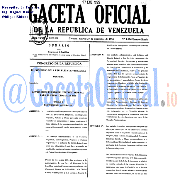 Gaceta Oficial 4826 del 27 Diciembre 1994