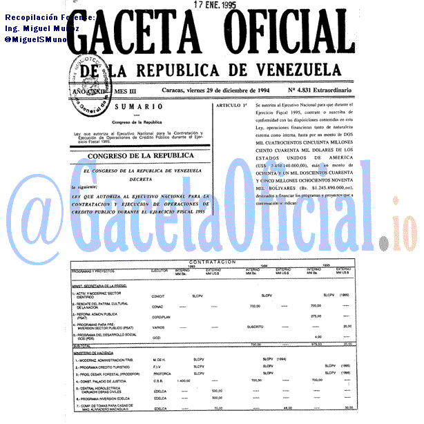 Gaceta Oficial 4831 del 29 Diciembre 1994
