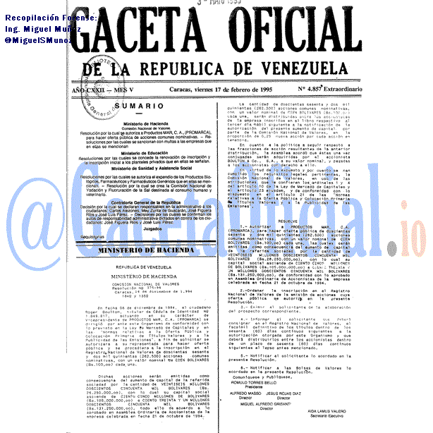 Gaceta Oficial 4857 del 17 Febrero 1995