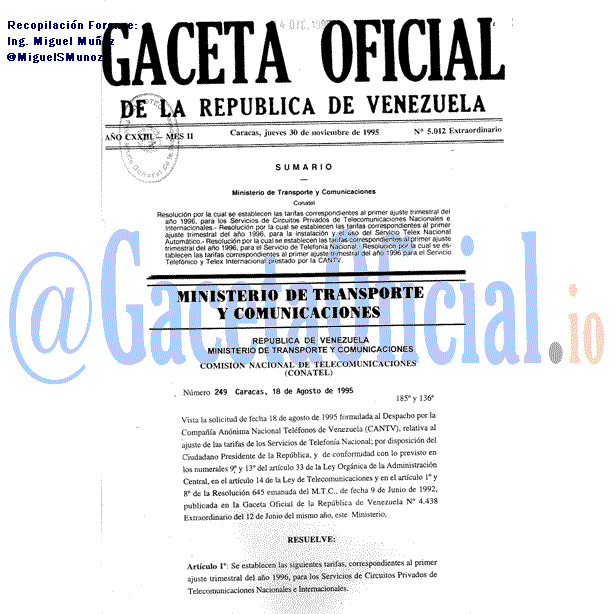 Gaceta Oficial 5012 del 30 Noviembre 1995