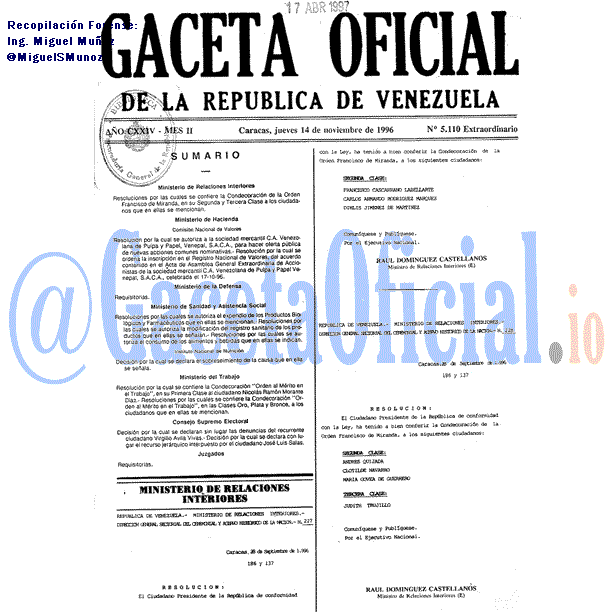 Gaceta Oficial 5110 del 14 Noviembre 1996