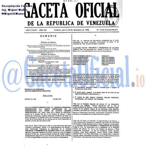 Gaceta Oficial 5122 del 26 Diciembre 1996
