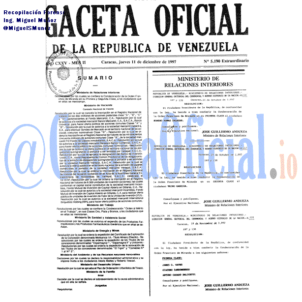Gaceta Oficial 5190 del 11 Diciembre 1997