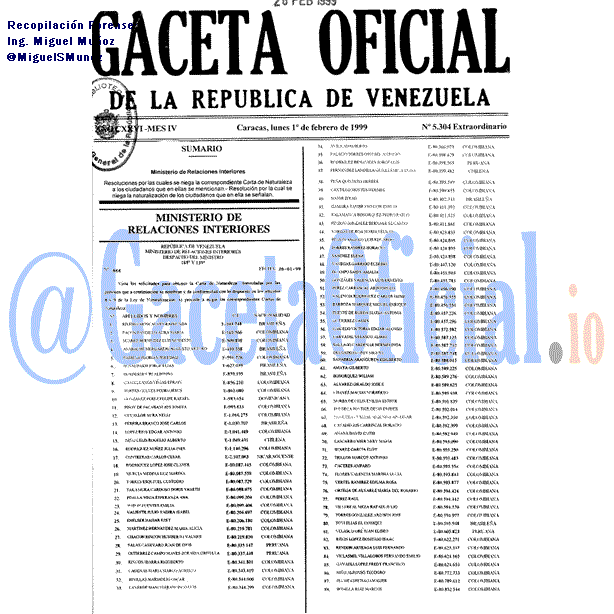 Gaceta Oficial 5304 del 1 Febrero 1999