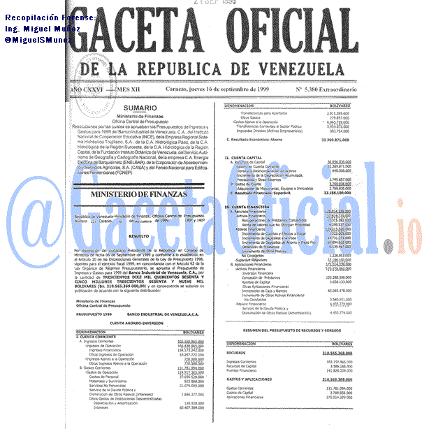 Gaceta Oficial 5380 del 16 Septiembre 1999