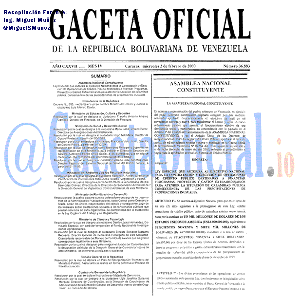 Gaceta Oficial 36883 del 2 Febrero 2000