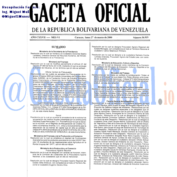 Gaceta Oficial 36919 del 27 Marzo 2000