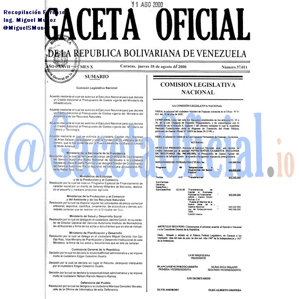 Gaceta Oficial 37011 del 10 Agosto 2000