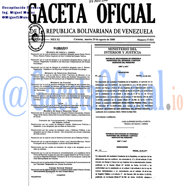 Gaceta Oficial 37024 del 29 Agosto 2000