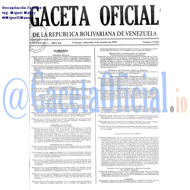 Gaceta Oficial 37050 del 4 Octubre 2000