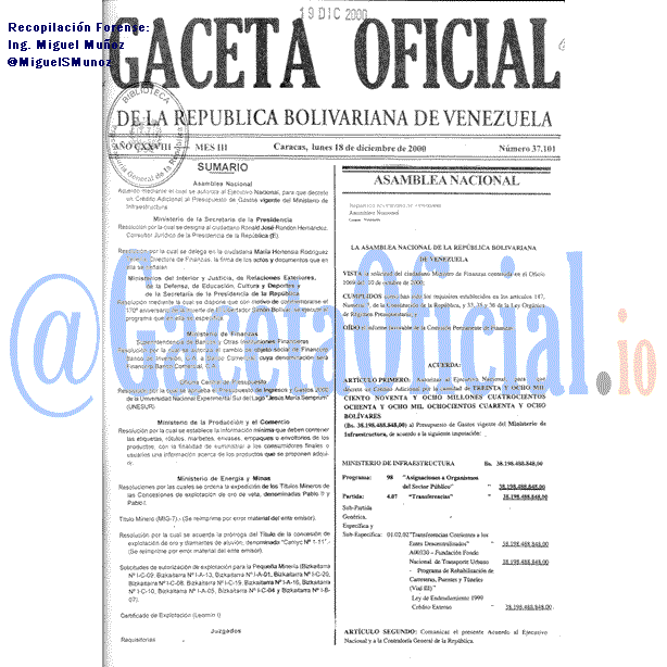 Gaceta Oficial 37101 del 18 Diciembre 2000