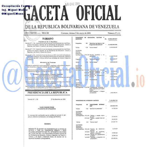 Gaceta Oficial 37113 del 5 Enero 2001