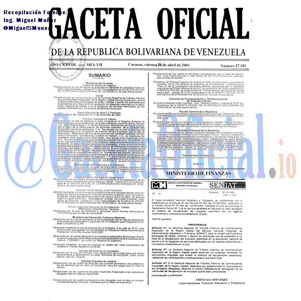 Gaceta Oficial 37181 del 20 Abril 2001