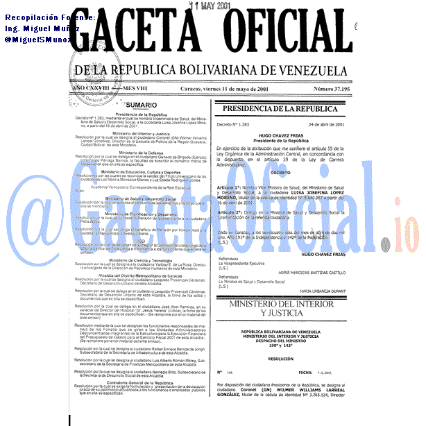 Gaceta Oficial 37195 del 11 Mayo 2001