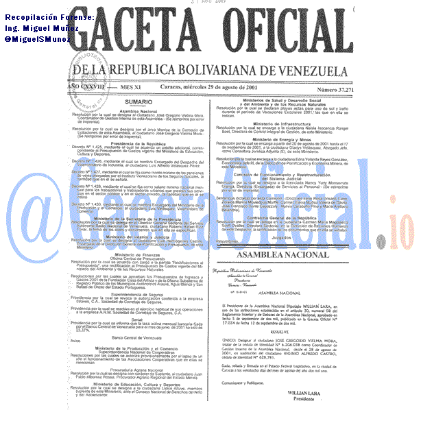 Gaceta Oficial 37271 del 29 Agosto 2001