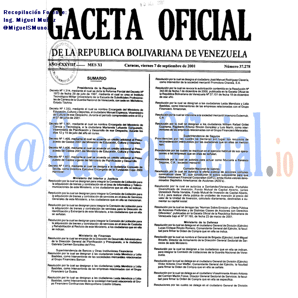 Gaceta Oficial 37278 del 7 Septiembre 2001