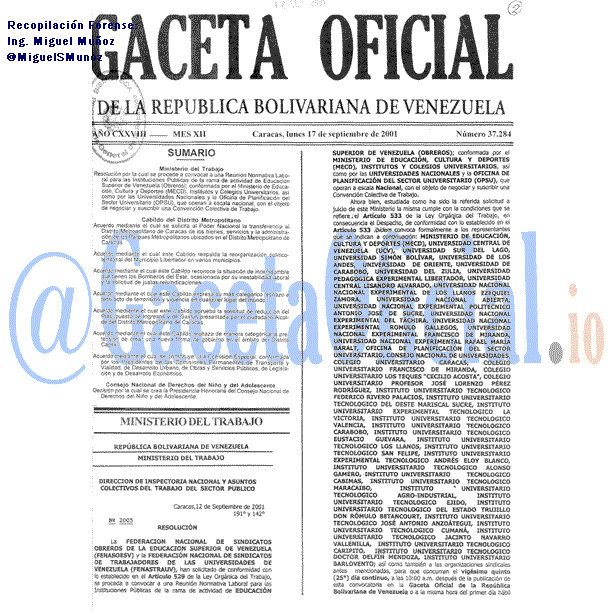 Gaceta Oficial 37284 del 17 Septiembre 2001