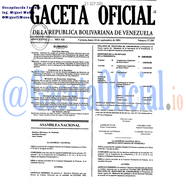 Gaceta Oficial 37289 del 24 Septiembre 2001