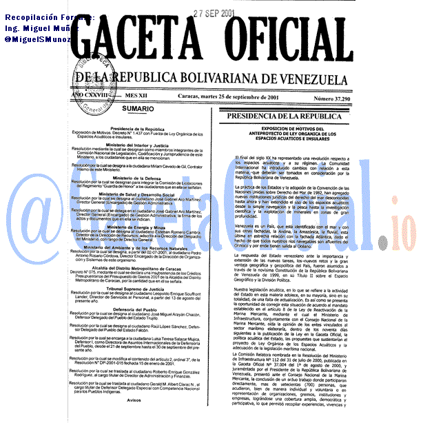 Gaceta Oficial 37290 del 25 Septiembre 2001