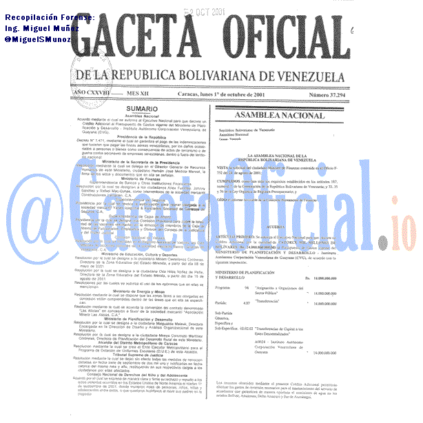 Gaceta Oficial 37294 del 1 Octubre 2001