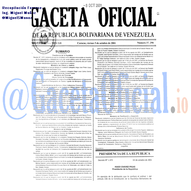 Gaceta Oficial 37298 del 5 Octubre 2001