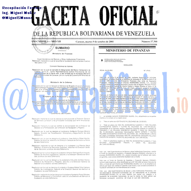 Gaceta Oficial 37300 del 9 Octubre 2001