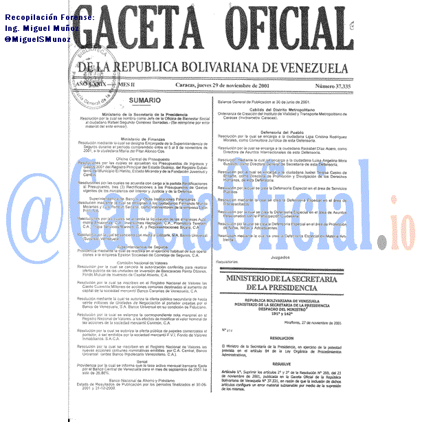 Gaceta Oficial 37335 del 29 Noviembre 2001