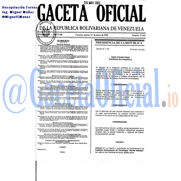 Gaceta Oficial 37442 del 14 Mayo 2002