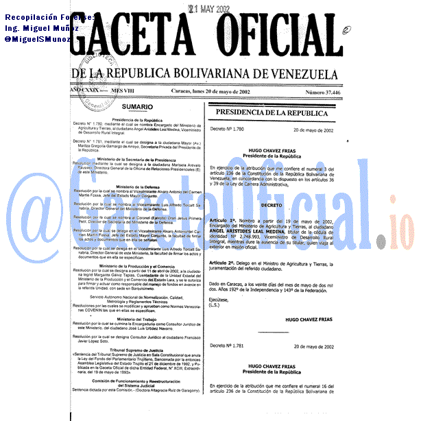 Gaceta Oficial 37446 del 20 Mayo 2002