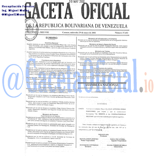 Gaceta Oficial 37453 del 29 Mayo 2002