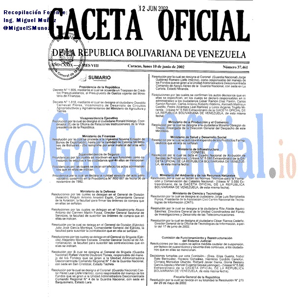 Gaceta Oficial 37461 del 10 Junio 2002