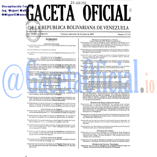 Gaceta Oficial 37472 del 26 Junio 2002