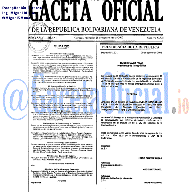 Gaceta Oficial 37535 del 25 Septiembre 2002