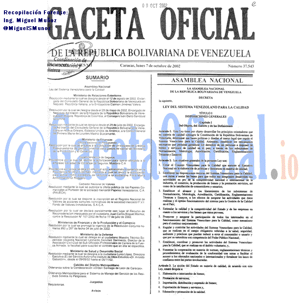 Gaceta Oficial 37543 del 7 Octubre 2002