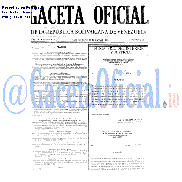 Gaceta Oficial 37647 del 11 Marzo 2003