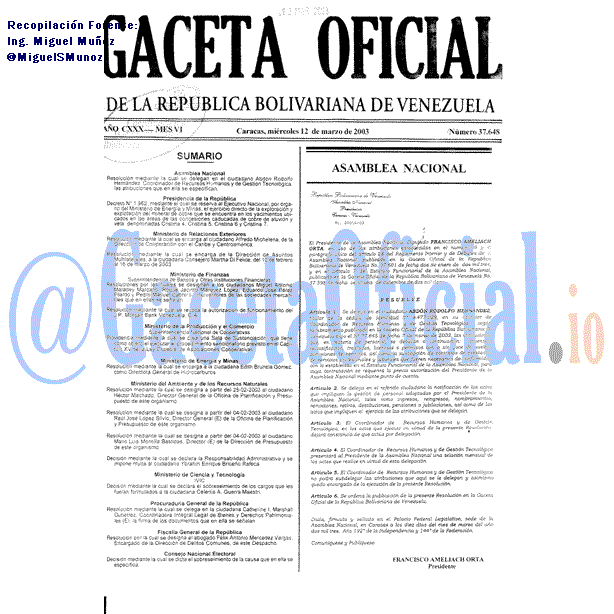Gaceta Oficial 37648 del 12 Marzo 2003