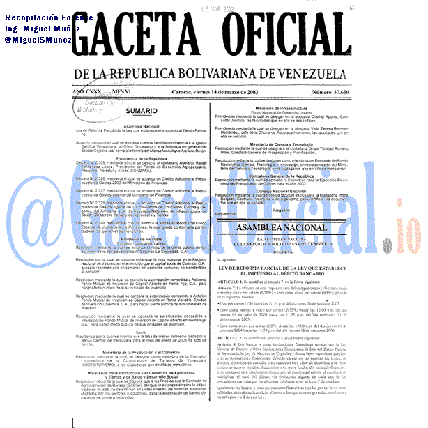 Gaceta Oficial 37650 del 14 Marzo 2003