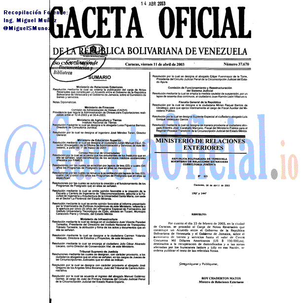 Gaceta Oficial 37670 del 11 Abril 2003