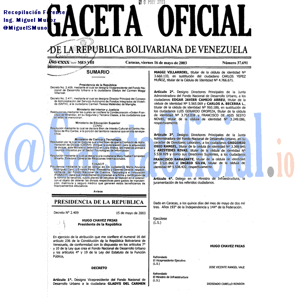 Gaceta Oficial 37691 del 16 Mayo 2003