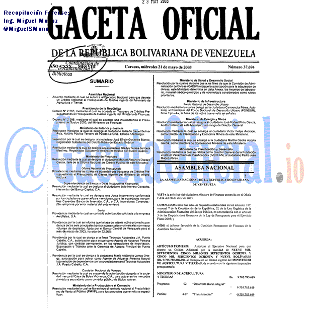 Gaceta Oficial 37694 del 21 Mayo 2003