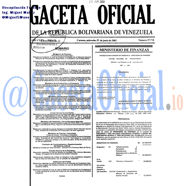 Gaceta Oficial 37718 del 25 Junio 2003