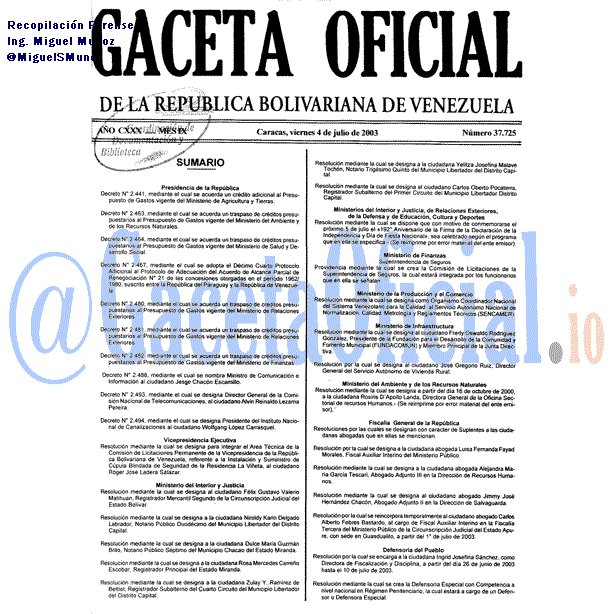 Gaceta Oficial 37725 del 4 Julio 2003