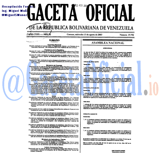 Gaceta Oficial 37752 del 13 Agosto 2003